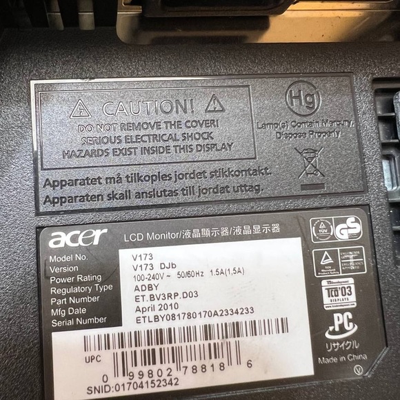 Acer V173 17” LCD Flat Panel VGA Computer Monitor- Tested, Working - Picture 9 of 10